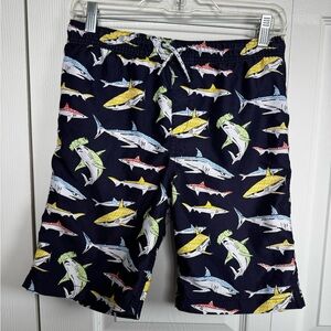 Lands' End Navy Shark Print Lined Drawstring Swim Trunks Shorts L
